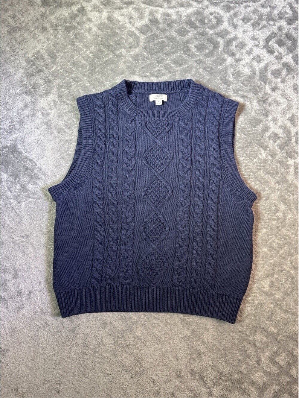 J Crew Cable Knit Sweater Vest Navy Blue 100% Cotton Preppy Academic Womens M